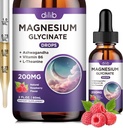 Magnesium Glycinate 200 mg Supplement, Magnesium neste drops kanssa B6-vitamiini, Ashwagandha, L - Theanine, kamomilla-tuki Stressi Relief, luu, lihas, mieliala Vegaani - Vadelma maku - 2 FL.OZ