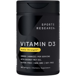 Sports Research® D3-vitamiinia 4000 IU Cococonut MCT Oil - Double Strength D-vitamiini täydentää - Gluteeniton · ei-GMO · soijaton - 360 Count Softgels