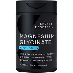 Sports Research® Magnesium Glycinate - tukee levollista unta ja entsymaattiset prosessit - 160 mg kelated magnesium - Liquid Softgel - 60