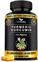 Kurkuma Black Pepper Extract (Piperiine) - 120 Kasvis Tumeric Kapselit - Premium 95% Standardoitu Curcuminoidit - Korkea Imeytyminen ja teho - Joint Support Supplement