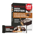 MUSASHI High Protein Bar, 45g proteiinia, <1g Total Sugars, Dark Chocolate & Suolattu karamelli, Post Harjoitus ja Proteiini Välipala Go, 12 pakkaus 3,2oz (90g) Bars