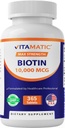 Vitamaattinen Biotiini 10 000 mikrog (10 mg) vahvemmille hiuksille, iholle ja kynsille - 365 Vegaanitablettia - myös nimeltä B7-vitamiini