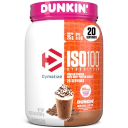 Dymatize x Dunkin' Mocha Latte ISO100 Whey Protein Powder, 95mg Kofeiini, 25g proteiinia, 5.5g BCAAs, 120 Cal., Gluteeniton, 1g rasvaa, 1g sokeria, 3g Carb (20 tarjoilua)