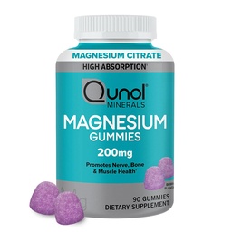 Qunol Magnesium Gummies aikuisille, 200mg Elemental Magnesium (alkaen 1750 mg Magnesium Citrate), korkea imeytyminen Magnesium täydentää, tukee hermo-, luu- ja lihasterveys, kasvissyöjä, 90 Count