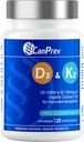 CanPrev D3 & K2 -vitamiinit 120 Softgelia, 120 päivän toimitus, 1000 IU D3-vitamiinia & 120 mcg K2, tukee vahvoja luita, hampaiden ja sydämen wellness-arvoa, helppo ottaa vastaan luomukookosöljyä, ei muuntogeenisiä organismeja, gluteenia, soijaa, maitotuotteita
