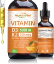 Orgaaninen D3-vitamiini + K2-tipat: 5000 IU Kasvipohjainen D3 & 200 mikrog K2-nestelisät .