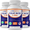 Vitamatic Folic Acid 5mg (5000 mikrog) 120 kasvissyöjätablettia per pullo ... B9-vitamiini (Folate) ... 3- pussi ... yhteensä 360 tablettia