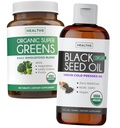 Super Greens & Black Seed Oil (3-kuukautinen toimitus) Kasvihuoneöljy Blend Bundle of Organic Super Greens Powder - Complete Superfood (180 kapselia) & Organic Black Seed Oil Liquid - Kylmäpuristettu (8 fl oz)