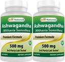 Best Naturals 2 pakkaus Ashwagandha kapselit rentouttava stressi ja mieliala, 500 mg, 120 Määrä (yhteensä 240 kapselia)