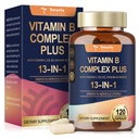 13-in-1 B-vitamiinikompleksi Plus B1, B2, B3 (Niasiiniamidi), B4, B5, B6, B7 (Biotin), B8 (inositoli), B9 (Folate), B12, C, D3, K2 - Energia, Nerve, Immuuni, Ihotuki - 120 Vegaanikapselia