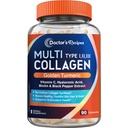 Lääkärin reseptit Multi Collagen Peptides Golden Turmeric, C-vitamiini, Biotiini, Hyaluronic Acid & Black Pepper, Kollageeni täydentää ihon, hiusten, kynsien, Kollageeni naisten ja miesten, 90 Caps