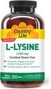 Country Life L-Lysine 1000mg kanssa B-6, tukee immuuniterveyttä, edistää Collagen uudistumista huulet ja suu, 250- Count, Certified Gluten Free, Certified Vegan