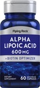 Piping Rock Alpha Lipoic Acid 600 mg ALA Biotin Optimizer 60 kapselia ei-GMO, gluteeniton lisäosa