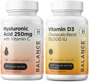 Balancebreens puhdas hyaluronihappo 250 mg ja C-vitamiini 50 mg + D3-vitamiini 50 000 IU täydennysosa Combo