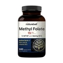 NatureBell Methyl Folate 15 mg - 240 kapselia - 5- MTHF, jossa on metyyli B12-15 mg L-metyylifolaattia & 1000 mcg B12-vitamiinia - energia- ja kognitiivisen tuen täydennysosa* - Gluteenittomat ja muut kuin GMO:t