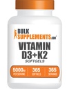 BulkSupplements.com D3-vitamiini + K2 5000 IU Softgels - D3 K2 Supplement, for Immune Health - Gluteeniton, 1 Softgel per Serving, 365 Lukumäärä (Pack of 1)