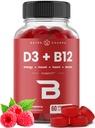 NutraChamps-vitamiini D3 & B12, Metyyli-B12-kumit aikuisille ja lapsille, tehostettu D-vitamiini 3 & B9-vitamiini Folaatti, luonnon energia, mieliala, aineenvaihdunta & keskittyminen, vadelma, 60 Gummy